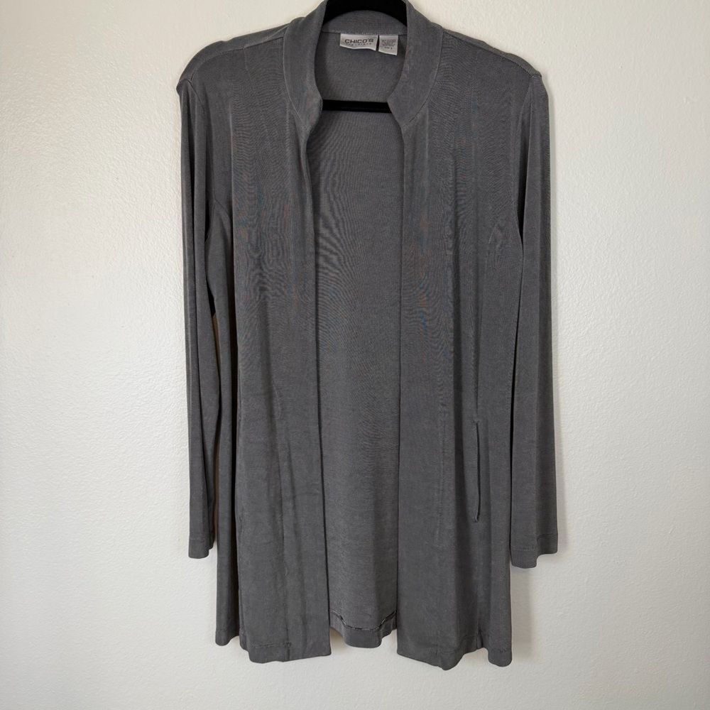 Chico’s Cardigan Travelers Fabric Gray Size 0 (Small 4) Open Front Long Sleeve